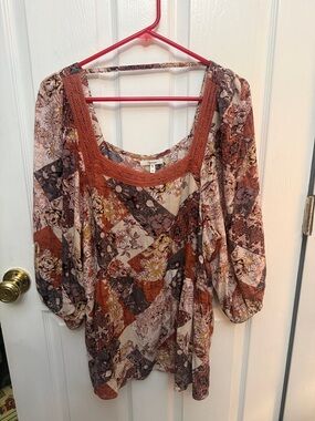 Maurice’s Boho Patchwork Floral Peasant Top - Rust Multi. 1X